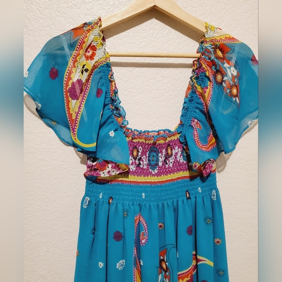 RAMPAGE Boho Smocked Square Neck Flirty Turquoise Dress - Picture 2 of 5